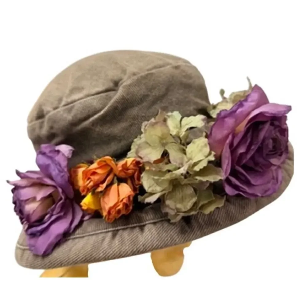 🌸 VTG 80s–90s Corduroy Garden Party Hat Floral Trim